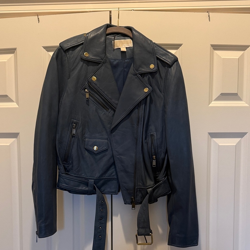 MICHAEL Michael Kors Navy Leather Moto Jacket